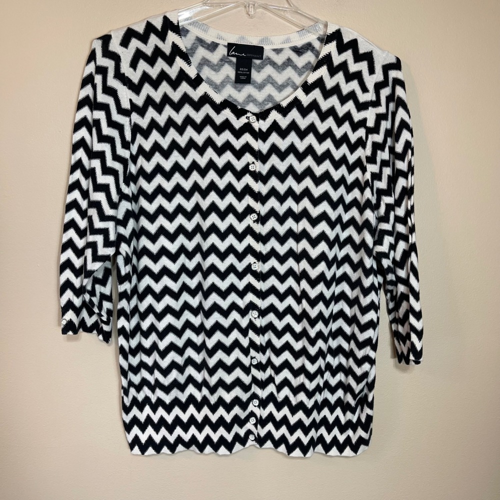 Lane Bryant‎ Womens Plus 22/24 Black White Chevron Zig Zag Cotton Cardigan